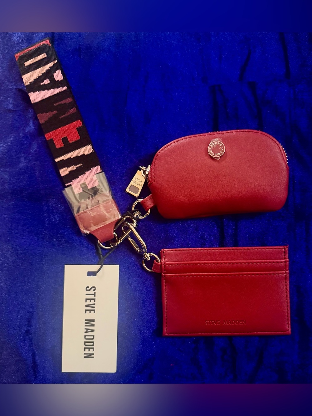 Steve Madden Red Leather Card Holder and Coin Pouch with Patterned Strap